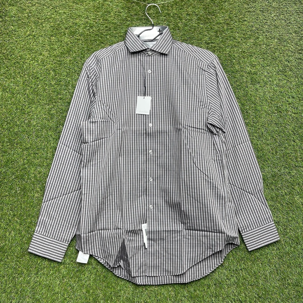 Calvin Klein Steel+ Dress Shirt Mens 15.5 32/33 Slim Fit Brown Multi Performance